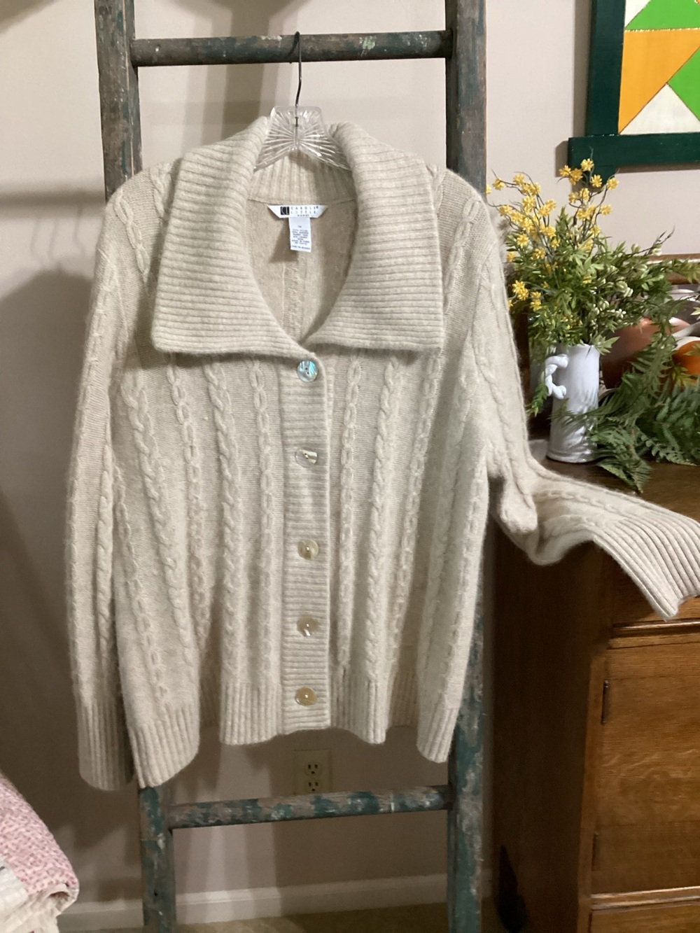 Carole Little Cream Cable Knit Button Cardigan